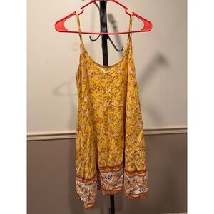 Umgee USA Mustard Yellow Floral Boho Mini Dress Spaghetti Strap Womens Medium